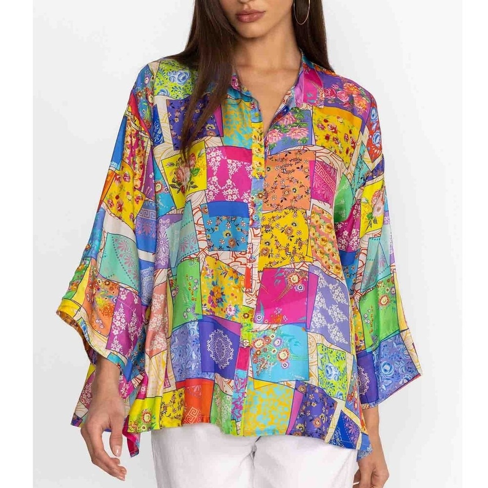 Johnny Was Silk Patchwork Button Down Boho Blouse Colorful Womens S Resort Artsy